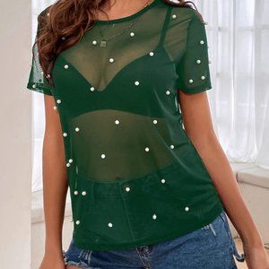 Pearls Sheer Mesh Top in Forest Green